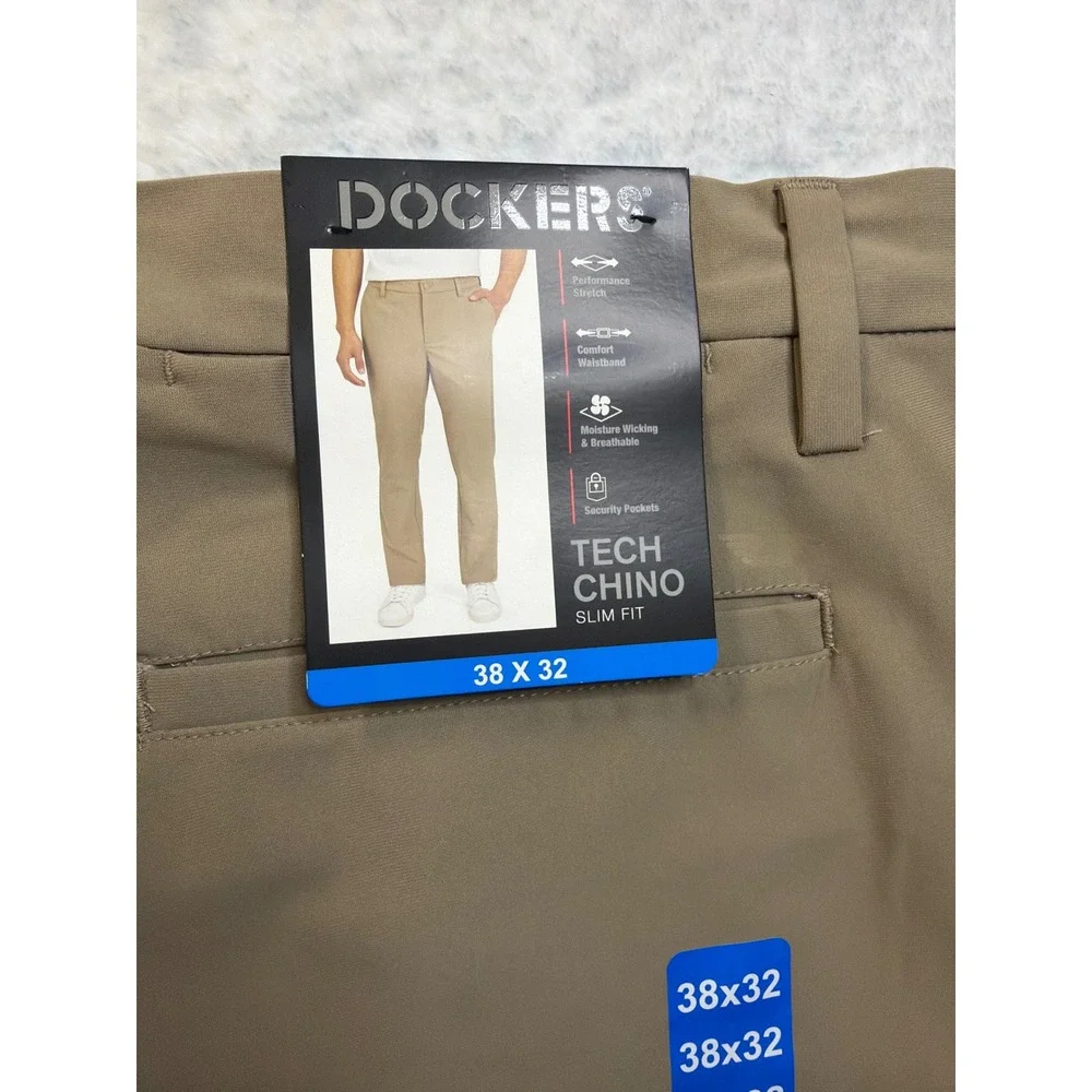 Dockers Mens Tech Chino Slim Fit Khaki Tan Performance‎ Pants 38x32 DM35WB605S